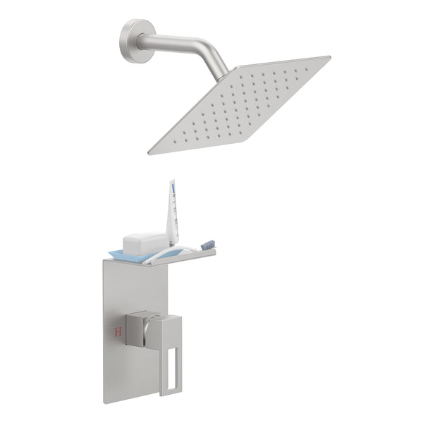 English Elm Shower 8" Square Rain Head Faucet Set with Single-Handle Mixer, 15" Arm, Rack Storage & Detachable Trim (Modern) Brushed Nickel T3177P269411