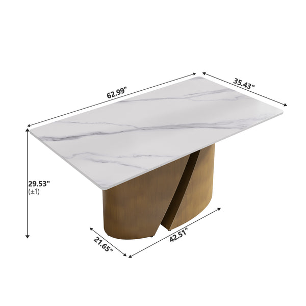English Elm 63" Modern Rectangular Dining Table With Sintered Stone Top & Bronze Iron Base For 6-8 People W1535S00356