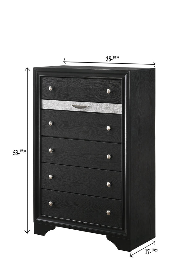 English Elm Modern Luxury Glam 5-Drawer Chest with Jewel Tray and Dustproof Bottom, Solid Wood Storage Elegance Black 37.3 L x 19.5 W x 54.4 H B011P234314