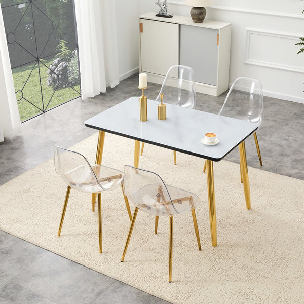 English Elm Table and Chair Set Marble Glass Top Gold Legs Four Seat Dining for Small Spaces Black,Transparent,White+Gold W1151S04654