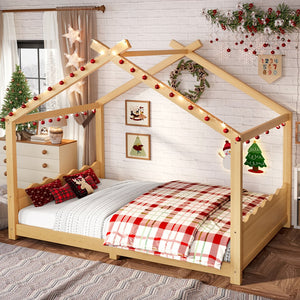 English Elm Twin House Frame Floor Bed Solid Pine Kids Room Montessori Low Profile Play Nook W1580P387841
