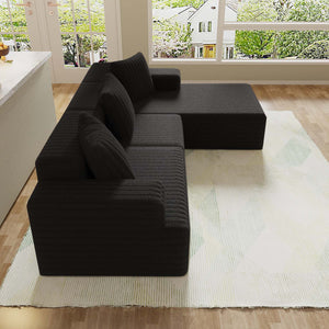 English Elm Compression Sectional Couch Plush Corduroy Chaise L-Shape Sleeper, Deep Seat Modular Sofa Black W3341P346292