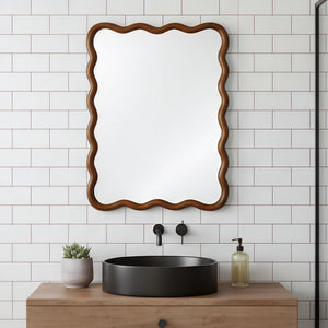English Elm Black Walnut Solid Wood Wavy Round Mirror Sculptural Bohemian Wall Accent 30 Inch W2203P455235