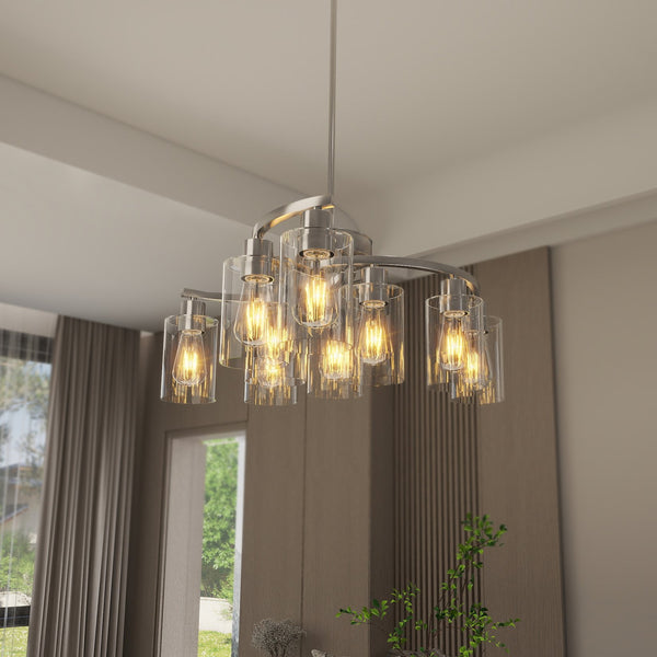 English Elm 9-Light Modern Farmhouse Chandelier with Clear Glass Shades, Adjustable Height, Industrial Iron Fixture Chrome W2312P374988