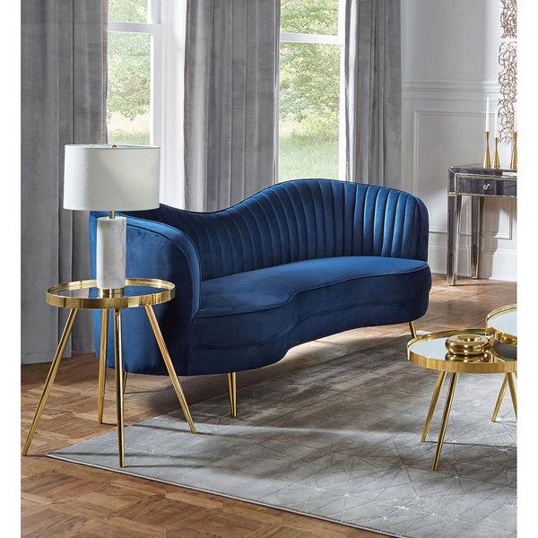 English Elm Marsden Blue Velvet Loveseat with Vertical Channel Tufting, Inverted Camelback Silhouette & Gold Legs B062P357778