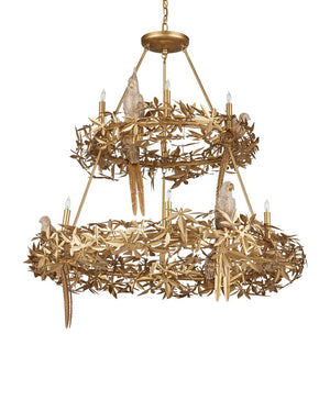 Currey & Company Aviary Gold Ring Chandelier - Elegant Botanical Design With Sculptural Birds And Adjustable Height Gold Wrought Iron ,Composite 9000-1321-currey-company