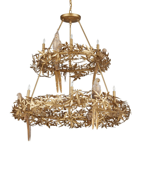 Currey & Company Aviary Gold Ring Chandelier - Elegant Botanical Design With Sculptural Birds And Adjustable Height Gold Wrought Iron ,Composite 9000-1321-currey-company