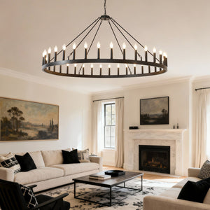 English Elm 59.06 Inch Matte Black Wagon Wheel Chandelier 54 Light Farmhouse Grand Entryway W5008P388933