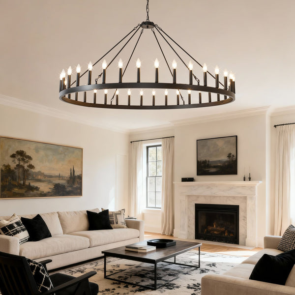 English Elm 59.06 Inch Matte Black Wagon Wheel Chandelier 54 Light Farmhouse Grand Entryway W5008P388933