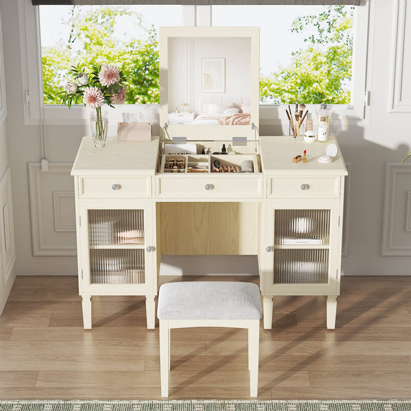 English Elm 2-in-1 Vanity Desk with Flip Mirror and Ample Storage — White Oak Dressing Table & Workstation N844P292487E