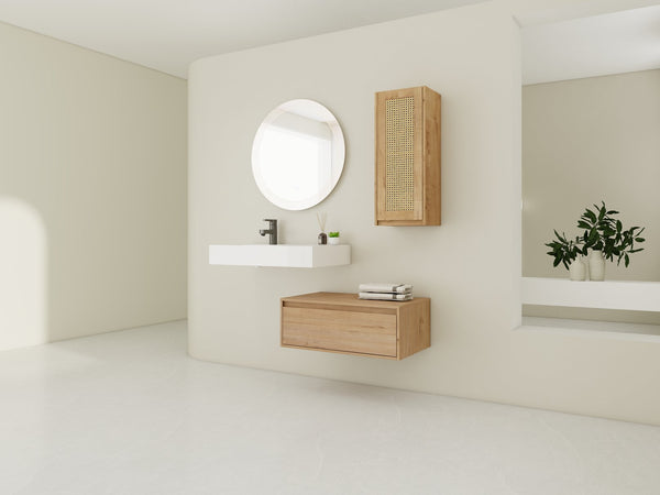English Elm 30 Inch Wall-Mounted Bathroom Vanity With Soft-Close Drawer & Resin Sink, Space-Saving Design W999S00348