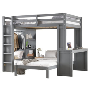 English Elm Queen Solid Wood Bunk Bed With Dismountable Twin, Desk, Shelves & Wardrobe - Modern Grey Design W1580S00215-GIGA