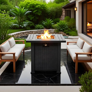 English Elm 28" 28inch Propane Fire Pit Table 50000 BTU Square Steel Outdoor Patio Table with Rocks Lid Black W853102853