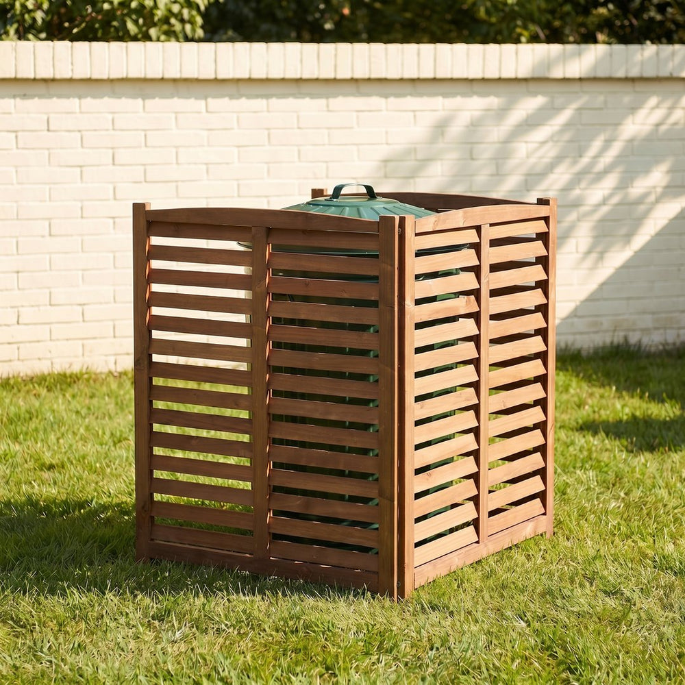 English Elm 3-panel Slatted Wood Outdoor Privacy Screen for Ac Units Trash Enclosures Gardens Brown W2640P272036