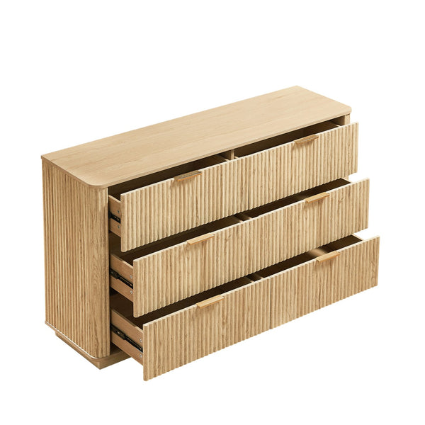 English Elm 6 Drawers Dresser Stylish 55" Wide Curved Wave Chest with Ample Storage, Sturdy Top for TV Use Oak W1820P324617