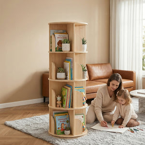 English Elm 3 Tier Spinning Round Bookcase Natural Wood Floor Shelf for Bedroom or Study W2989P460327