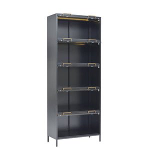 English Elm 76.75'' Tall Steel Barrister Bookcase with Led Lit Shelves and Brass Hardware Display Black SN845P397473B