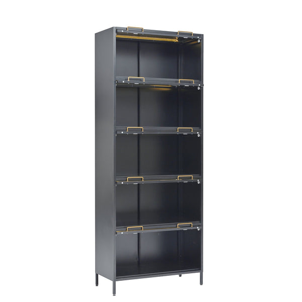 English Elm 76.75'' Tall Steel Barrister Bookcase with Led Lit Shelves and Brass Hardware Display Black SN845P397473B