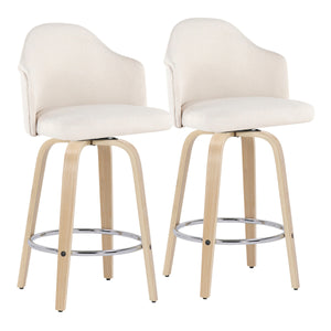 English Elm Ahoy Mid-Century Modern Counter Stool Set Of 2 With Cream Fabric, Natural Bamboo Legs & Chrome Footrest B202S00168