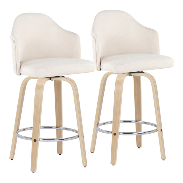 English Elm Ahoy Mid-Century Modern Counter Stool Set Of 2 With Cream Fabric, Natural Bamboo Legs & Chrome Footrest B202S00168