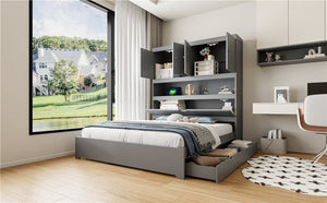 English Elm Full Size Wooden Platform Bed With Usb Charging, Flip-Up Storage Headboard & Under-Bed Drawers N820S00045E