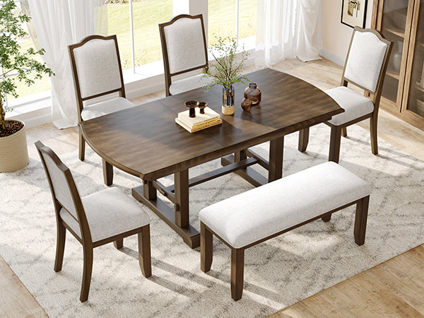 English Elm 6-piece Extendable Wood Dining Set with Linen Upholstered Chairs Bench Seats Eight Beige+Brown N752S000097D