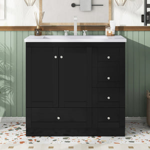 English Elm 36 Inch Shaker Style Free-Standing Bathroom Vanity Cabinet with Resin Sink, Soft-Close Storage Elegance Black SV000021AAB