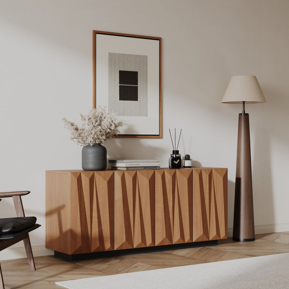English Elm 60'' Mid Century Credenza with Geometric 3d Doors Walnut Floating Buffet Storage W2263P401438