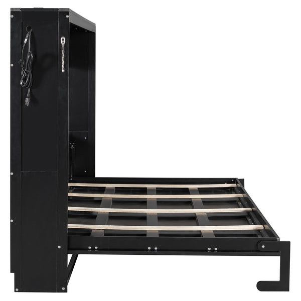 English Elm Queen-size Murphy Wall Bed with Led Ambient Lighting Usb Outlet and Graphic Panel Black LP000357AAB