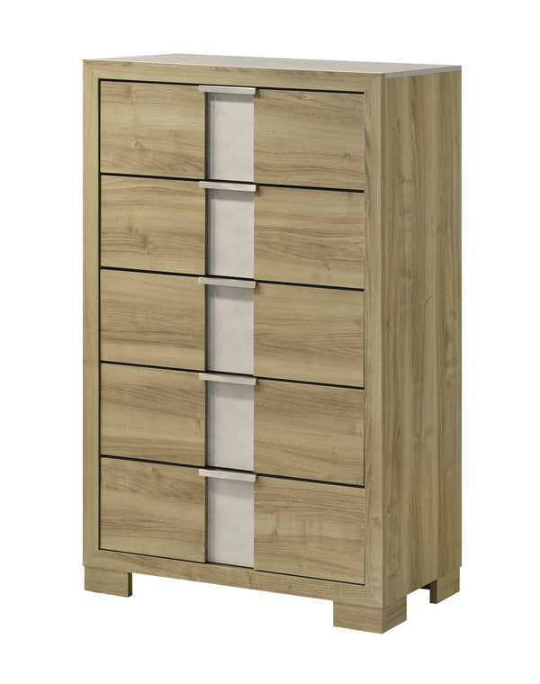 English Elm 1pc Tall Chest Five Drawer Wooden Bedroom Storage Cabinet with Metal Hardware and Sleek Profile Driftwood 33.94 L x 18.94 W x 46.93 H B2741P348918