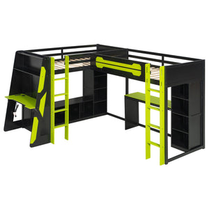 English Elm L-shaped Gaming Loft Bunk Bed Twin Wood Frame Rgb Lighting Usb Ports Storage Shelves Green LT000295AAG