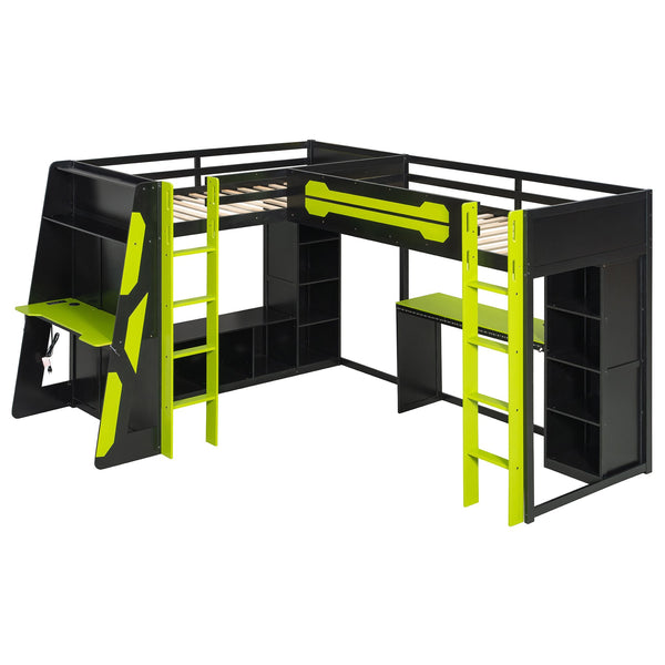 English Elm L-shaped Gaming Loft Bunk Bed Twin Wood Frame Rgb Lighting Usb Ports Storage Shelves Green LT000295AAG