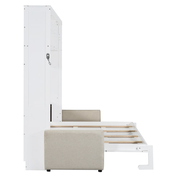 English Elm Queen Murphy Wall Bed with Integrated Sofa Linen Upholstered for Studio Apartments White LP000892AAK-1
