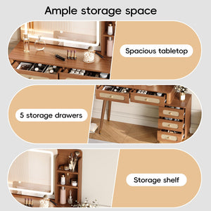 English Elm 47''Vintage Elegant Makeup Vanity with Lights and Mirror, 5-Drawer Rattan Design, Solid Wood Craftsmanship Walnut 46 L x 27 W x 8 H N733P337468M