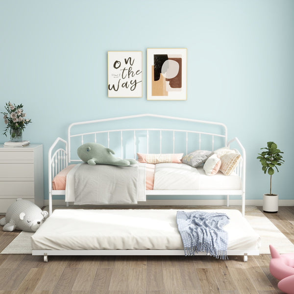English Elm Fox Twin Daybed with Twin Trundle Metal Frame, Easy-Glide Casters, Anti-Noise Slats, No Box Spring Needed White B083P154255