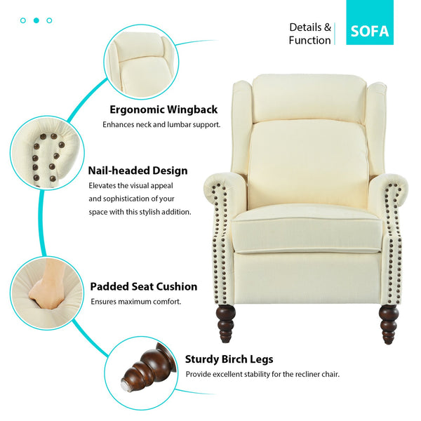 English Elm Christopher Knight Home® - 29.75" Push Back Recliner Chair with Wingback Design, Gourd Wooden Legs, Polyester Upholstery, Cozy Comfort Beige N763P201072A