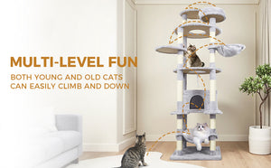 English Elm 71 Inch Floral Cat Tower with Condo Hammock Sisal Posts and Plush Perches for Large Breeds Light Gray W243P326647