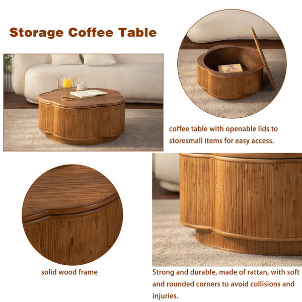 English Elm Flower-shaped Rattan Coffee Table Boho Woven Design with Hidden Lift Top Storage W3081P464745