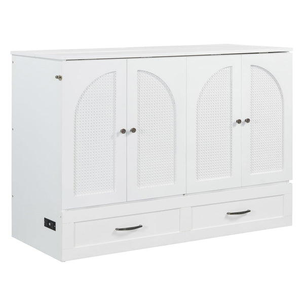 English Elm Full Size Murphy Bed Rattan Cabinet with Storage Drawers and Gold Hardware White N708S00009K