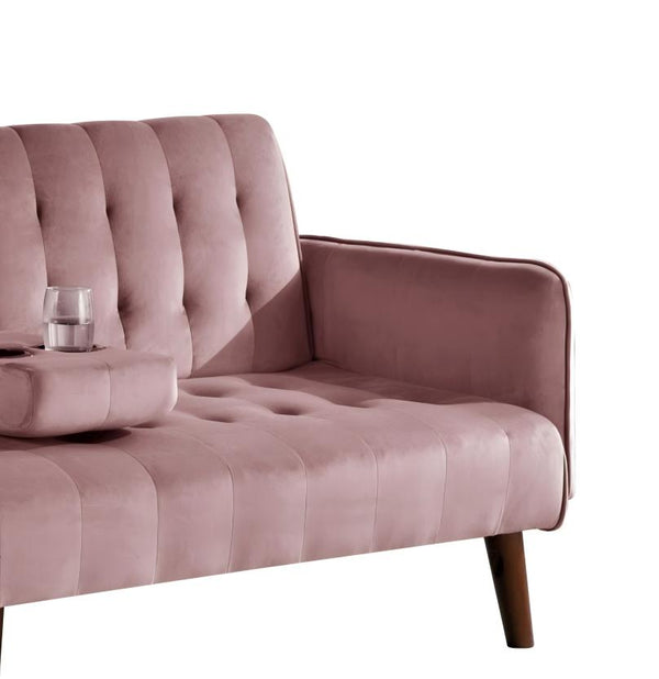 English Elm 72" Convertible Linen Sleeper Sofa with Folding Backrest Built-in Table Small Space Pink B2735P498839
