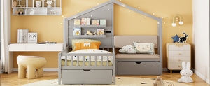 English Elm Twin House Bed Frame with Sofa Seating Led Lighting Drawers and Wireless Charging LP000521AAE-1