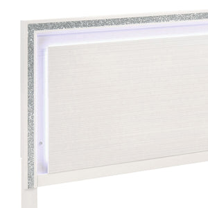 English Elm White Queen Bed LED Headboard with Silver Trim, Low-Profile Footboard, Stable Slat Support B062S00485