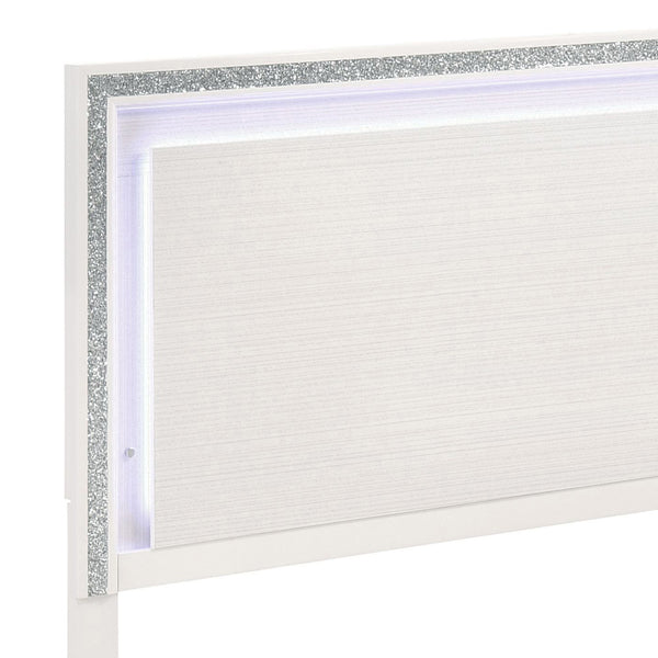 English Elm White Queen Bed LED Headboard with Silver Trim, Low-Profile Footboard, Stable Slat Support B062S00485