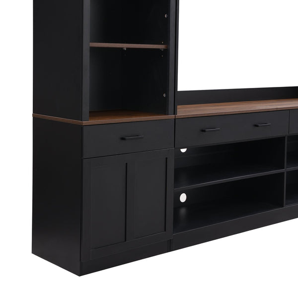 English Elm Farmhouse Mid-century Entertainment Center Walnut Black with Wine Rack for Living Room Black + Dark Walnut N721S000046B-1