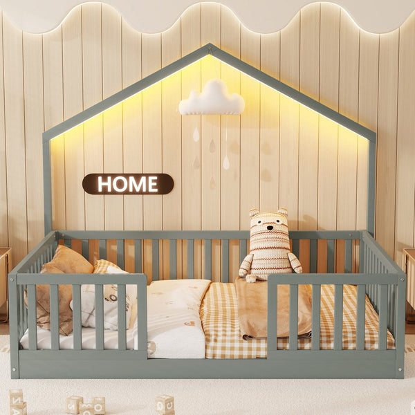 English Elm Twin Montessori Floor Bed House Frame with Led Lighting and Safety Rails for Kids Grey W2593P440606
