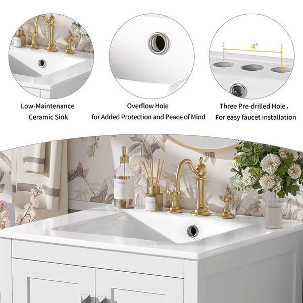 English Elm 24-inch Modern Bathroom Vanity with Ceramic Sink, Soft-Close Doors, Drawer Divider & Ample Storage White N729P299440K
