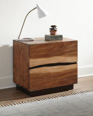 English Elm 2-drawer Smokey Walnut Nightstand with Asymmetrical Faded Drawers, Sturdy Base, Coffee Finish B011P362606