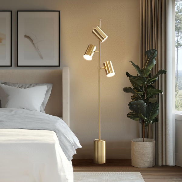 JLA Home INK+IVY - 3-Light Brushed Gold Tree Floor Lamp with Tilting Shades, LED Bulbs Included, Sculptural Task Light UH154-0051