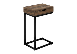 English Elm Accent C-Shaped End Table with Slide-Under Base, Reclaimed Brown Laminate Top & Drawer Storage, Black Metal Frame for Sofa Side Convenience and Modern Living Room Use B2710P219357