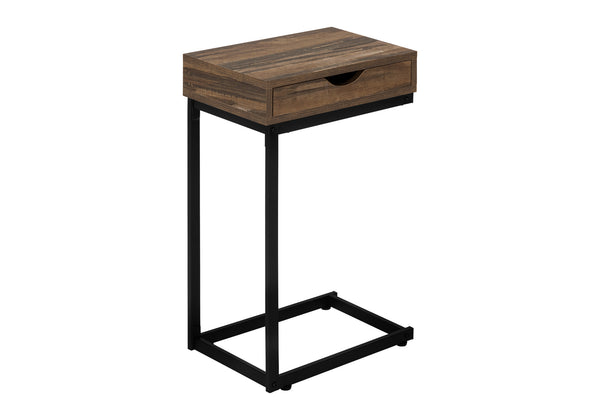 English Elm Accent C-Shaped End Table with Slide-Under Base, Reclaimed Brown Laminate Top & Drawer Storage, Black Metal Frame for Sofa Side Convenience and Modern Living Room Use B2710P219357